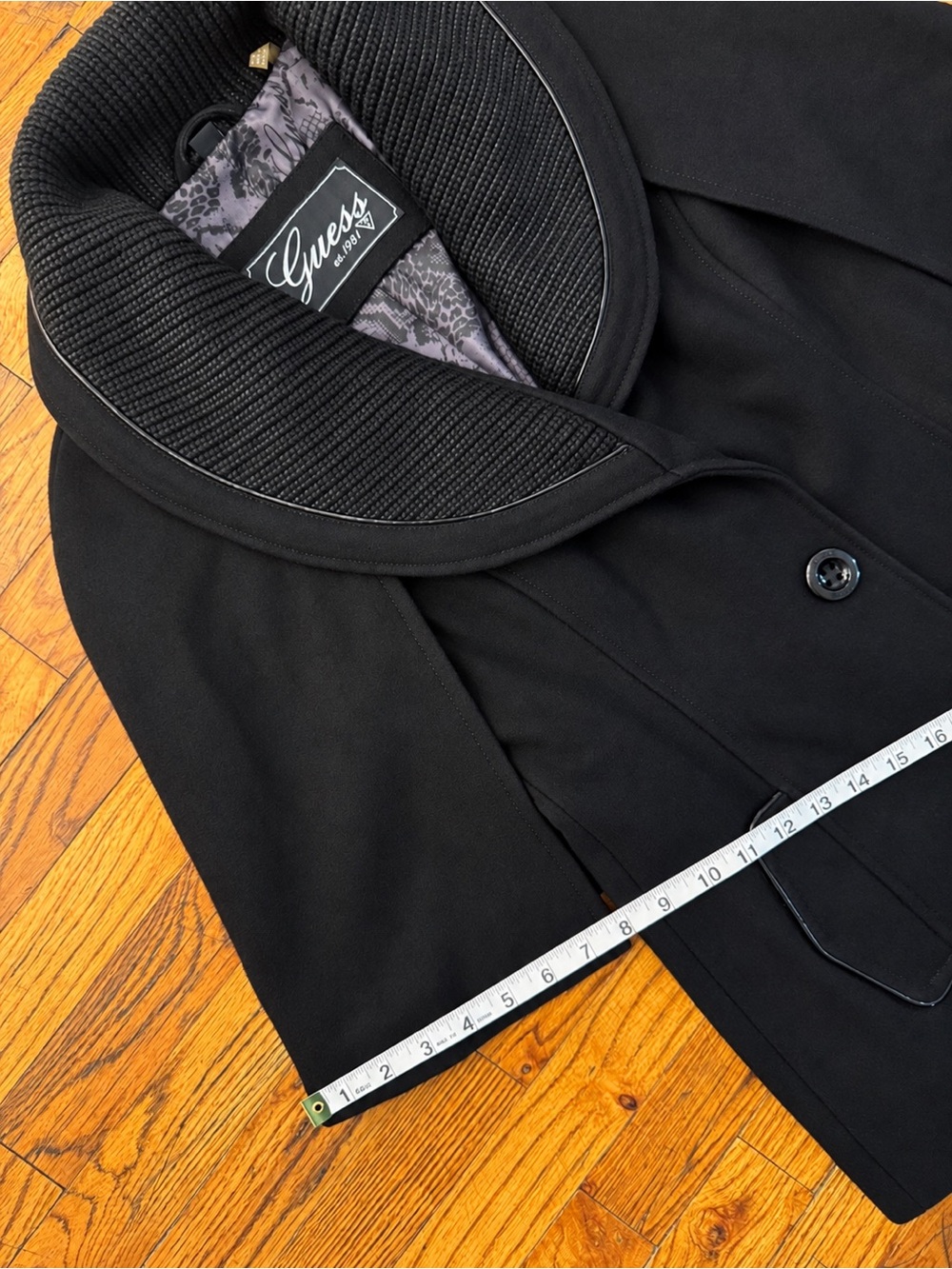 GUESS Black Wool Blend Cape Jacket Ribbed Shawl Collar Piping Women's Size S - Picture 10 of 15